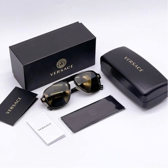 New - VERSACE Medusa Charm VE2199  square sunglass havana  dark grey gold mirr… - Picture 5 of 5